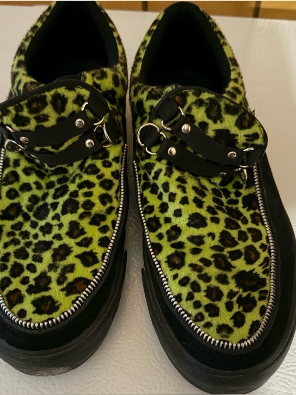 TUK Men's Neon Green Leopard fur Slip-On Loafers  Men’s 10/woman 12